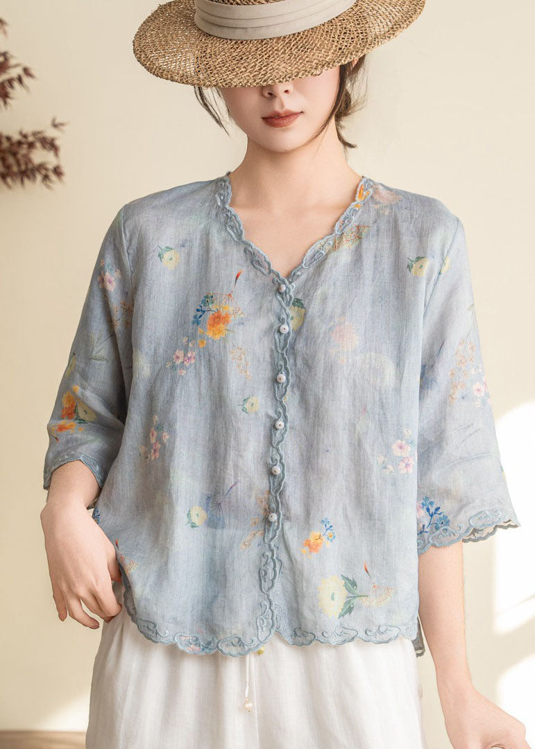 Women Orange Embroidered Print Linen Blouses Summer