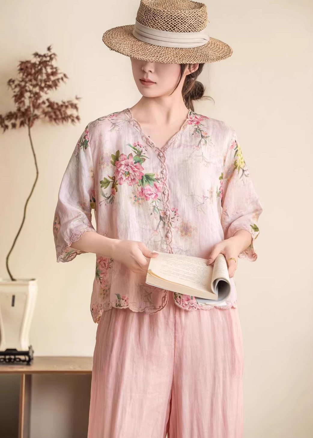 Women Orange Embroidered Print Linen Blouses Summer