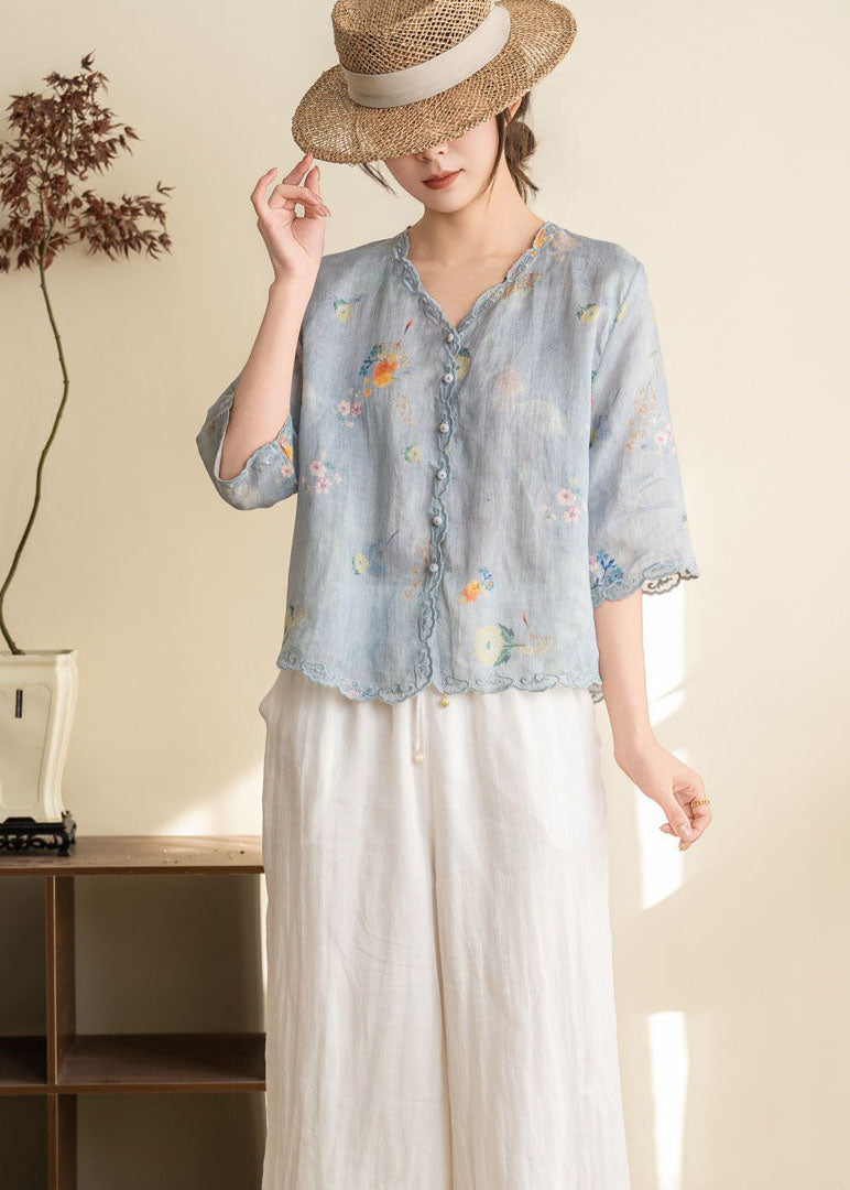 Women Orange Embroidered Print Linen Blouses Summer