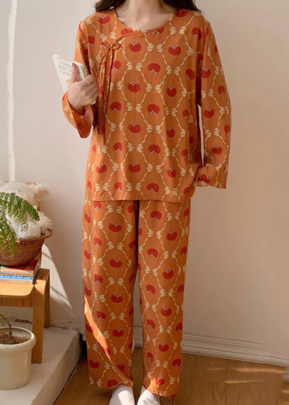 Women Orange O-Neck Bow Silk Velvet Two Piece Set Long Sleeve