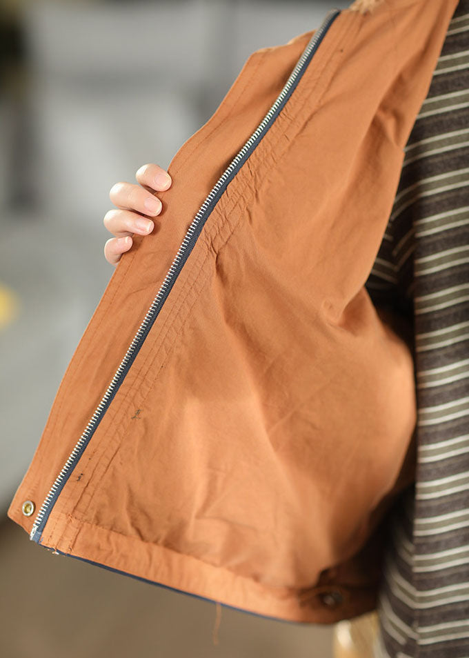 Women Orange Oversized Drawstring Cotton Coats Fall