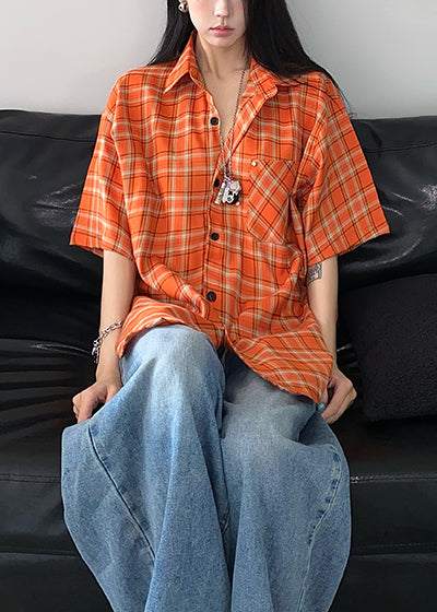 Women Orange Oversized Plaid Cotton Top Summer