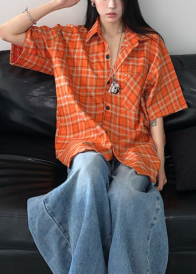 Women Orange Oversized Plaid Cotton Top Summer