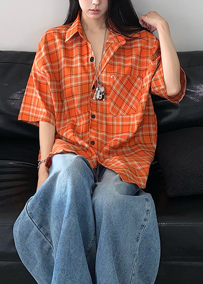 Women Orange Oversized Plaid Cotton Top Summer