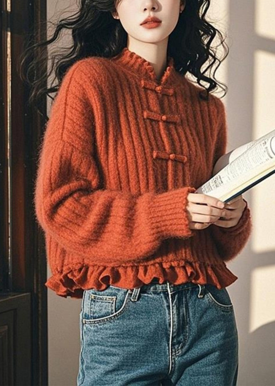 Women Orange Ruffled Button Cozy Cotton Knit Coat Fall