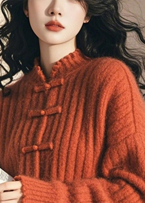 Women Orange Ruffled Button Cozy Cotton Knit Coat Fall
