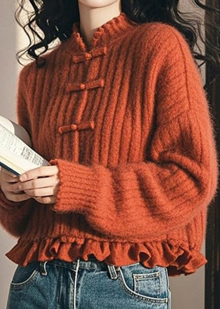 Women Orange Ruffled Button Cozy Cotton Knit Coat Fall