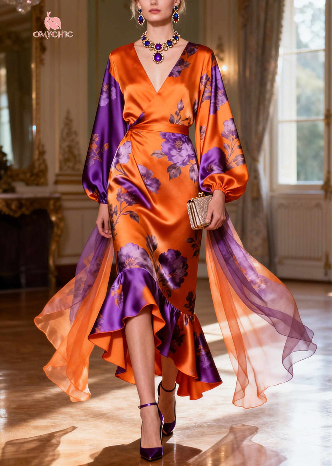 Women Orange Ruffled Print Silk Robe Dresses Lantern Sleeve