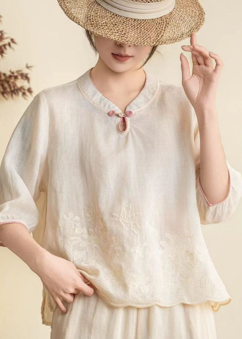 Women Orange Stand Collar Embroidered Linen Shirt Summer