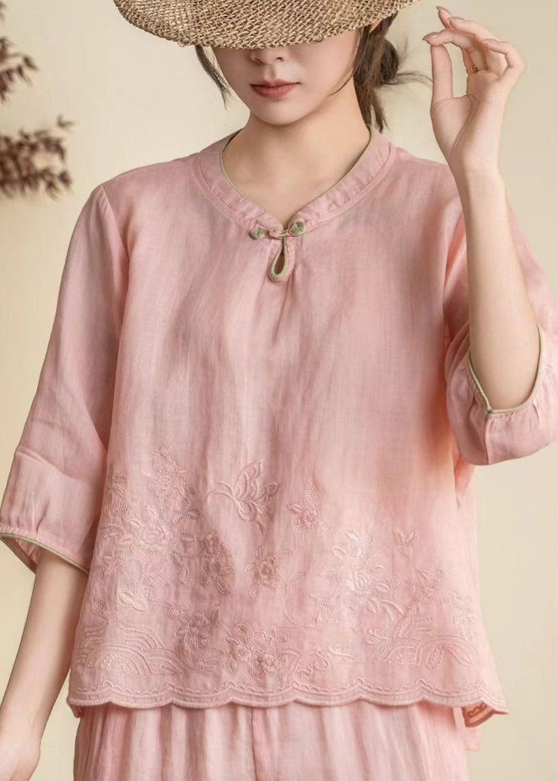 Women Orange Stand Collar Embroidered Linen Shirt Summer
