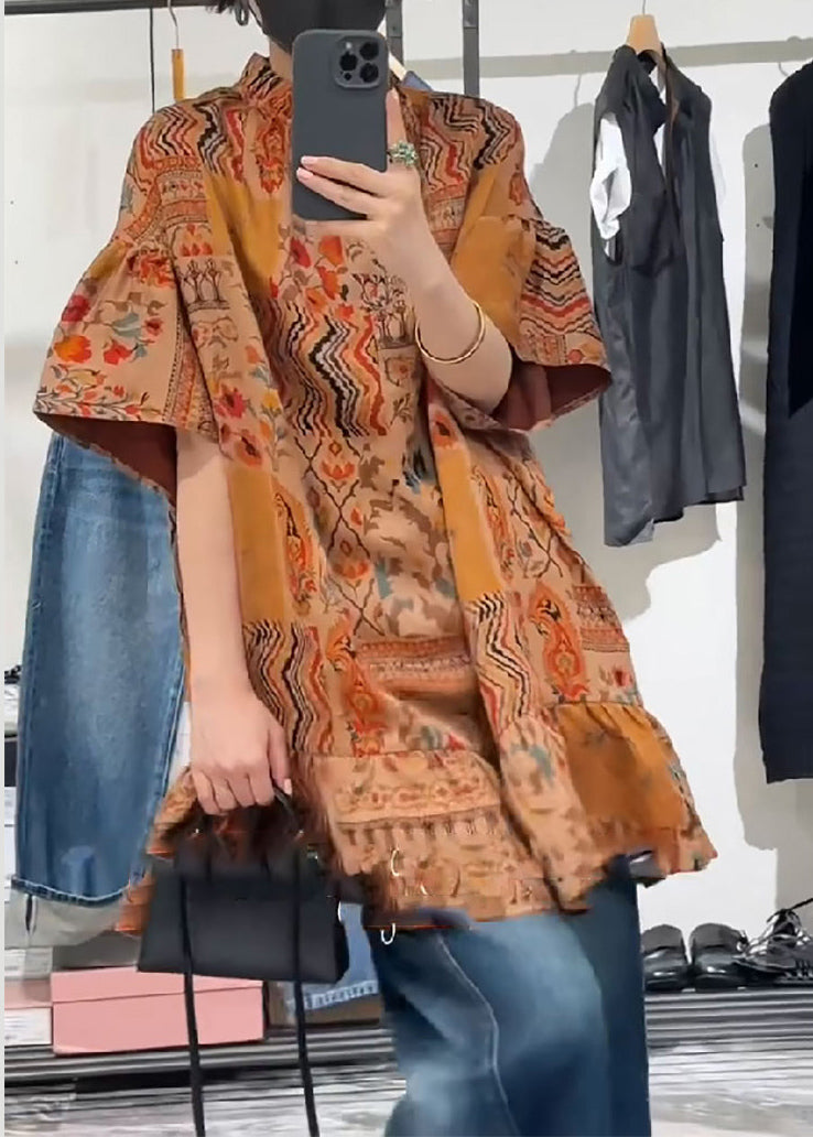Women Orange Stand Collar Print Patchwork Silk Shirts Summer