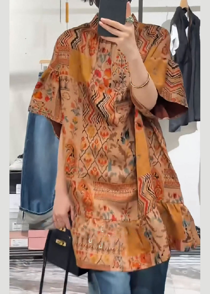 Women Orange Stand Collar Print Patchwork Silk Shirts Summer