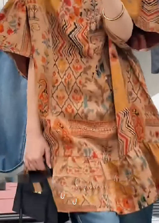 Women Orange Stand Collar Print Patchwork Silk Shirts Summer