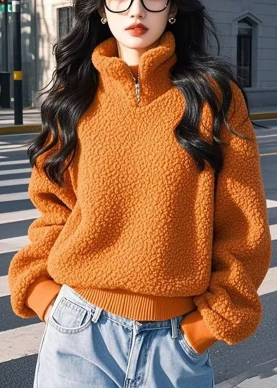 Women Orange Stand Collar Zip Up Solid Fluffy Sweatshirt Winter