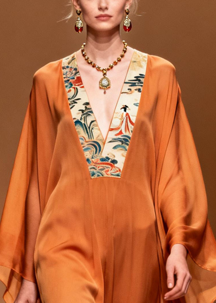 Women Orange V Neck Patchwork Chiffon Holiday Dresses Summer