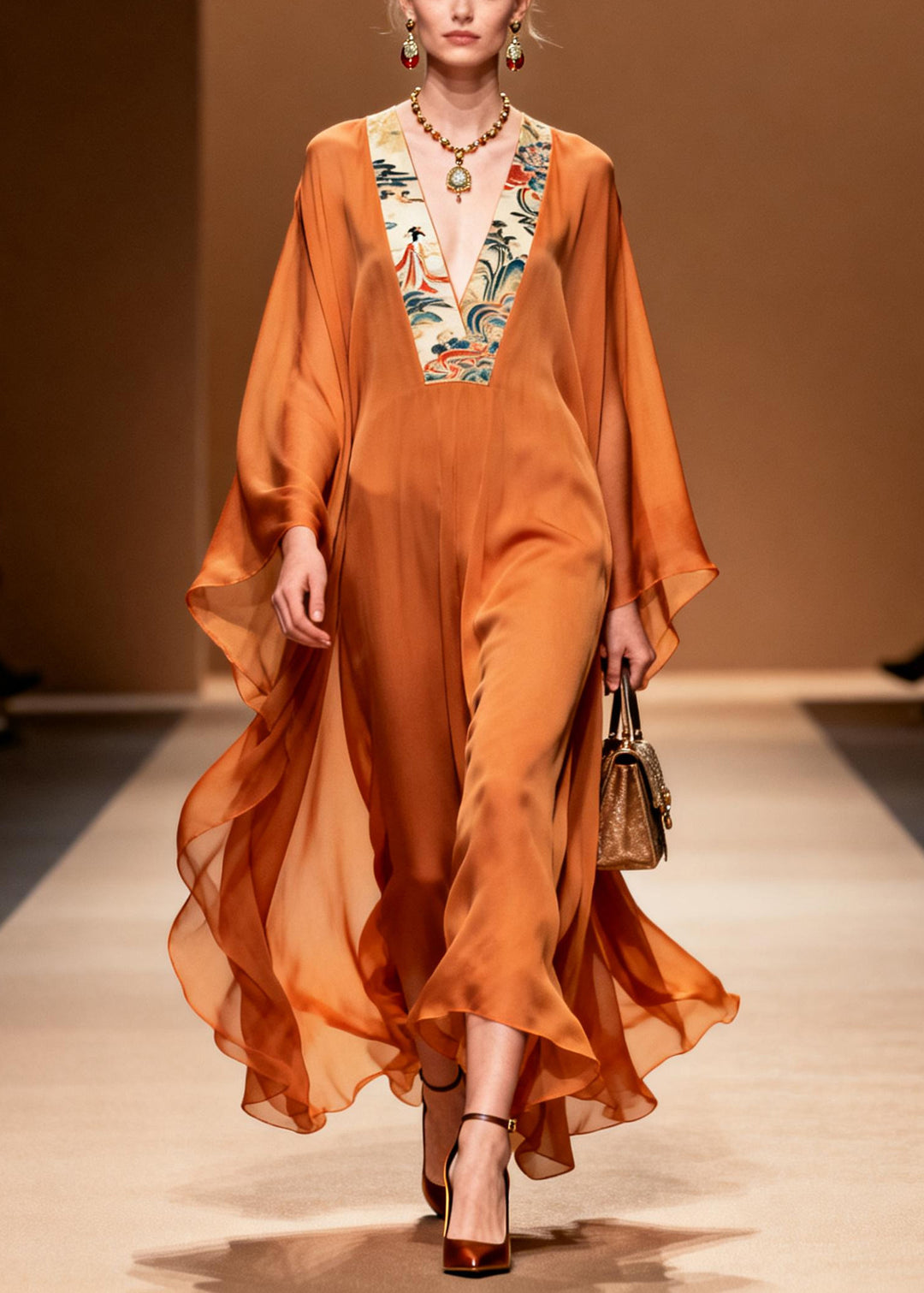 Women Orange V Neck Patchwork Chiffon Holiday Dresses Summer