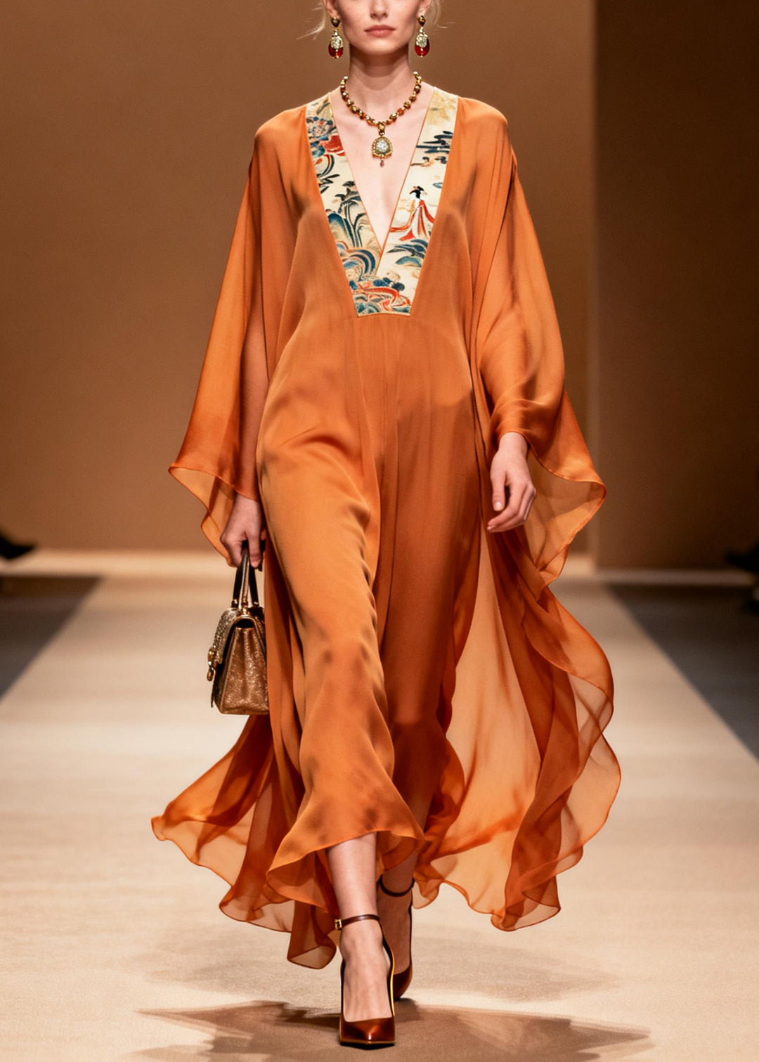Women Orange V Neck Patchwork Chiffon Holiday Dresses Summer