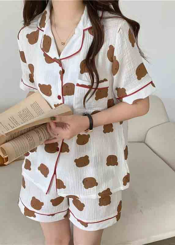 Women Oversized Bear Print Cotton Pajamas Two Pieces Set Summer