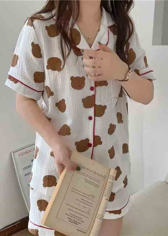 Women Oversized Bear Print Cotton Pajamas Two Pieces Set Summer