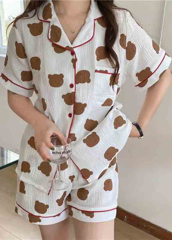 Women Oversized Bear Print Cotton Pajamas Two Pieces Set Summer