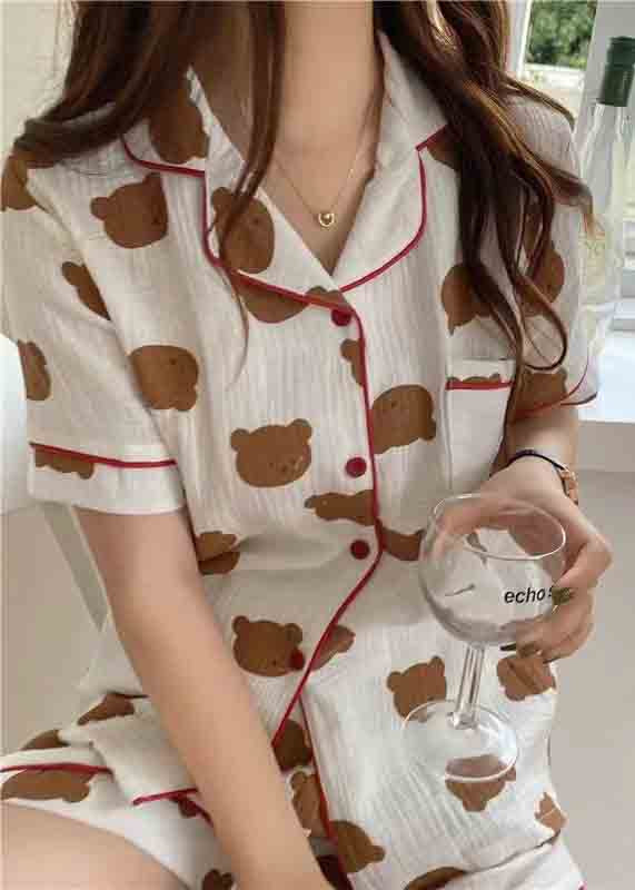 Women Oversized Bear Print Cotton Pajamas Two Pieces Set Summer