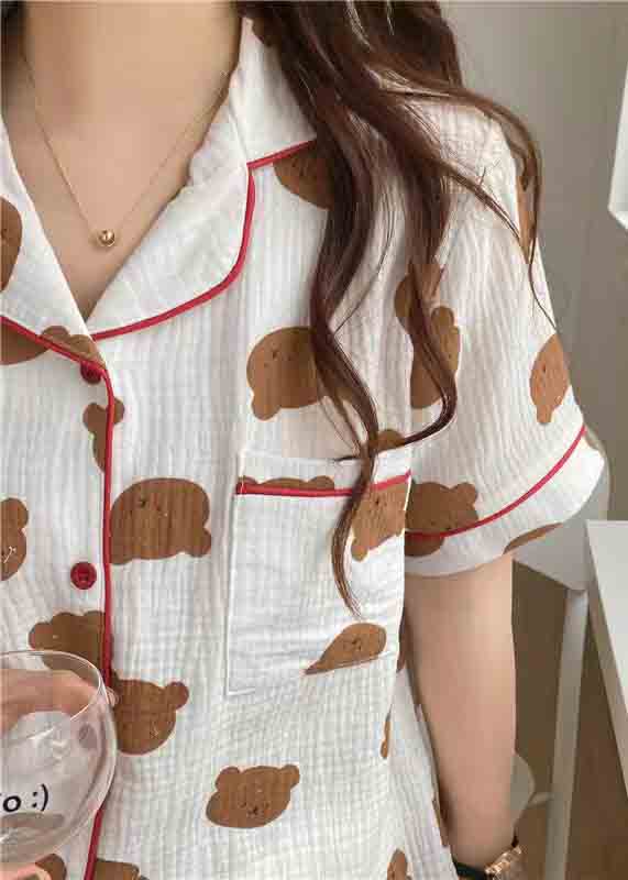 Women Oversized Bear Print Cotton Pajamas Two Pieces Set Summer