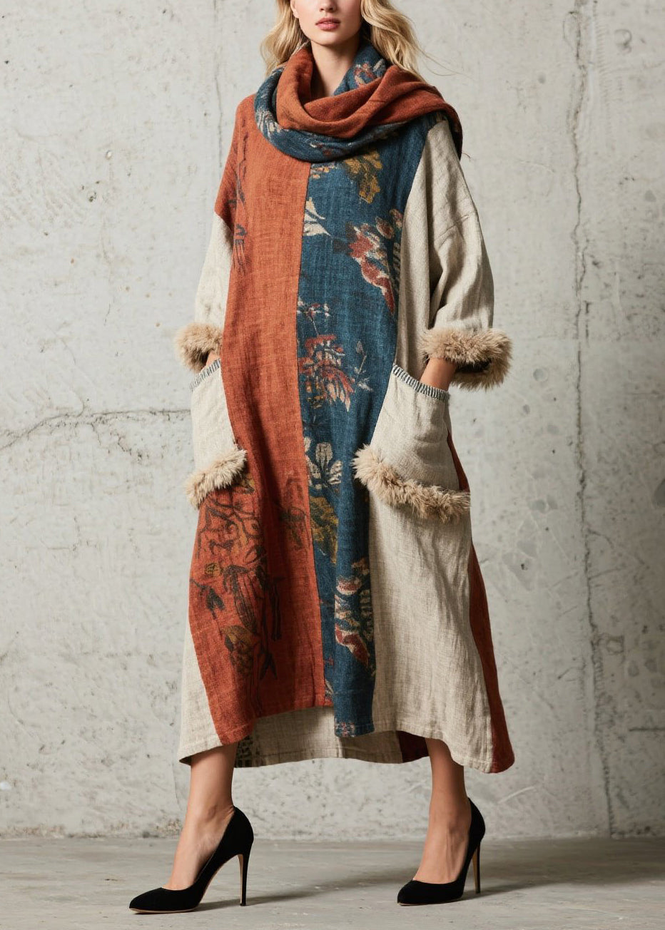 Women Oversized Patchwork Faux Fur With Pockets Ankle Dress Fall