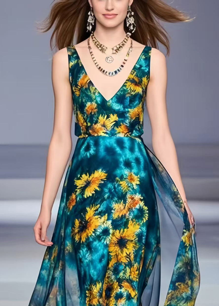 Women Peacock Blue Chrysanthemum Print Chiffon Dress Summer