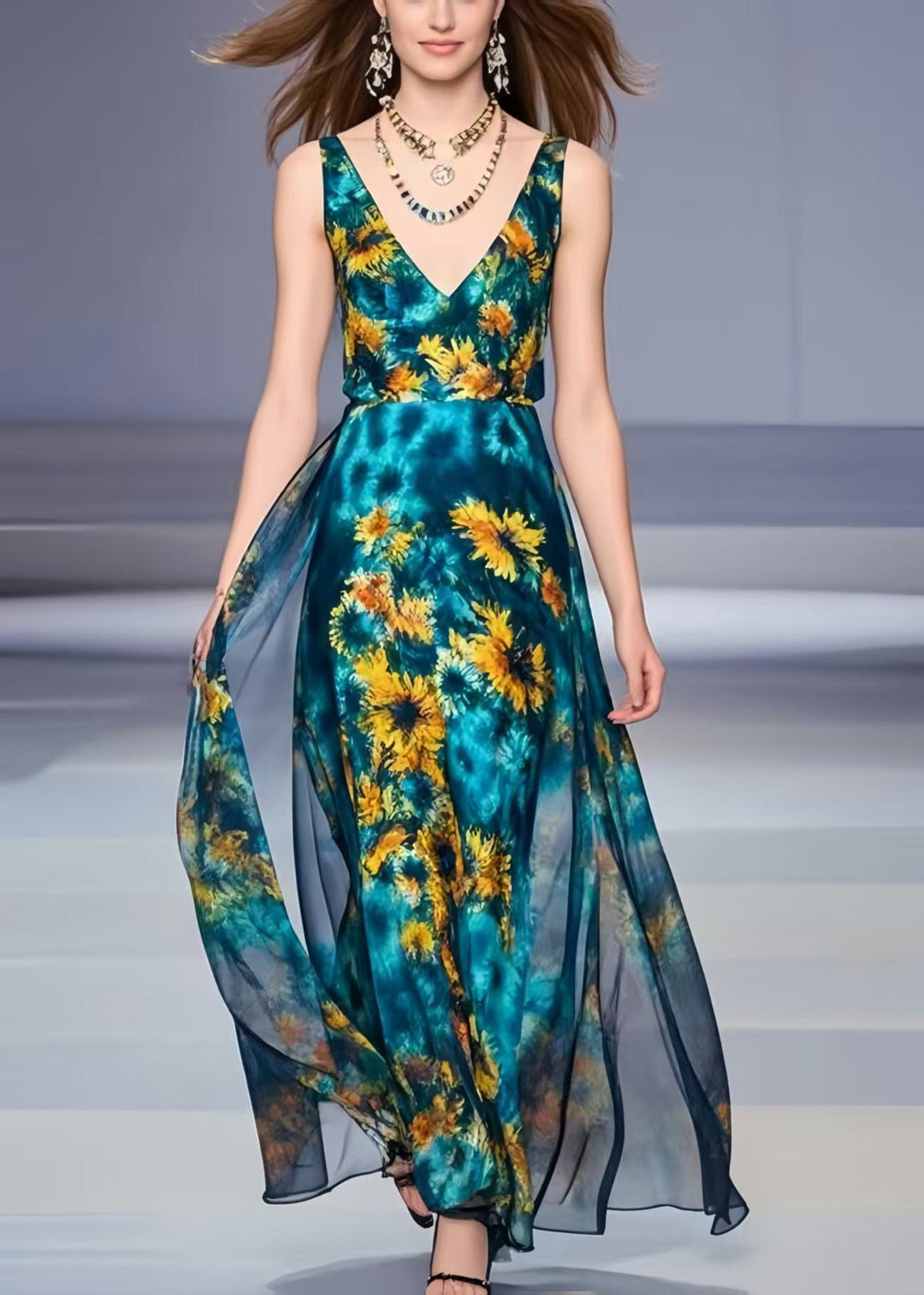 Women Peacock Blue Chrysanthemum Print Chiffon Dress Summer