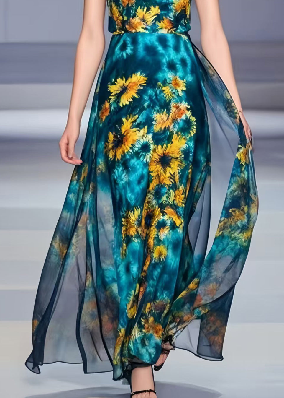 Women Peacock Blue Chrysanthemum Print Chiffon Dress Summer