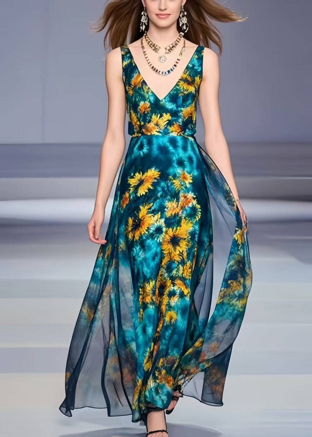 Women Peacock Blue Chrysanthemum Print Chiffon Dress Summer