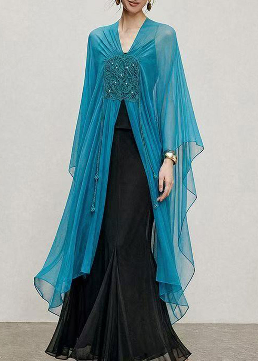 Women Peacock Blue Handmade Hook Flower Scarf Shawl Long Tops Summer