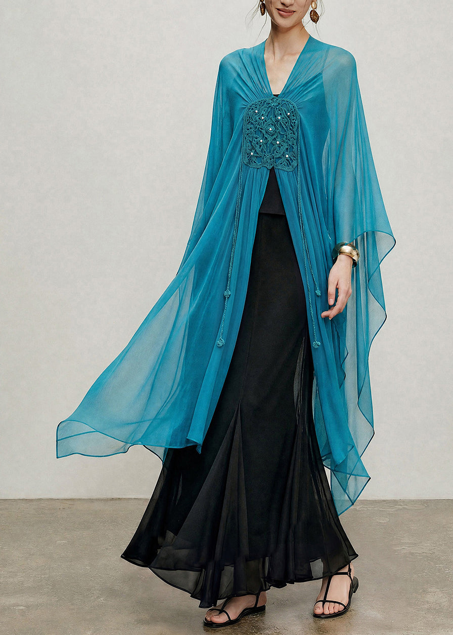 Women Peacock Blue Handmade Hook Flower Scarf Shawl Long Tops Summer