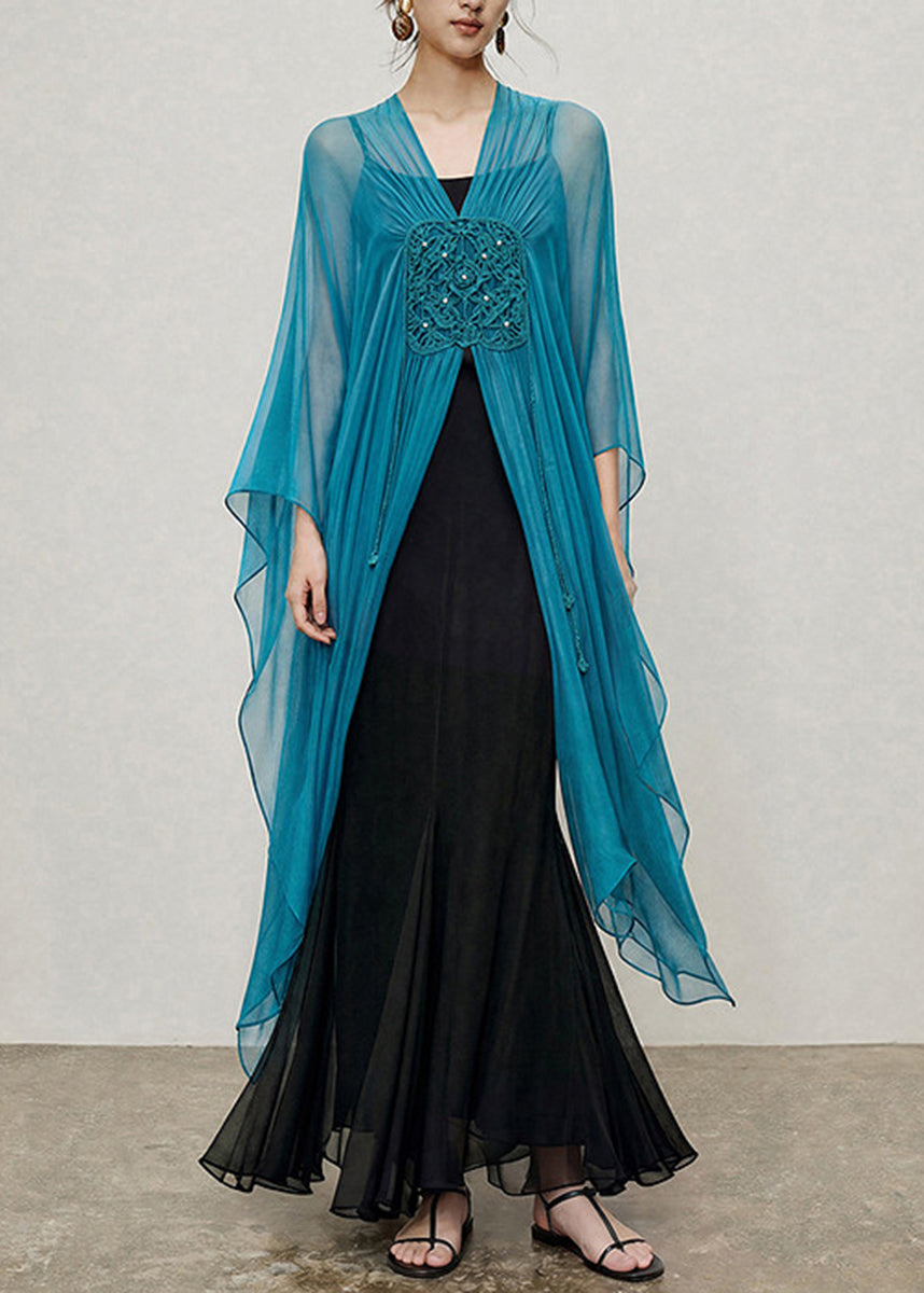 Women Peacock Blue Handmade Hook Flower Scarf Shawl Long Tops Summer