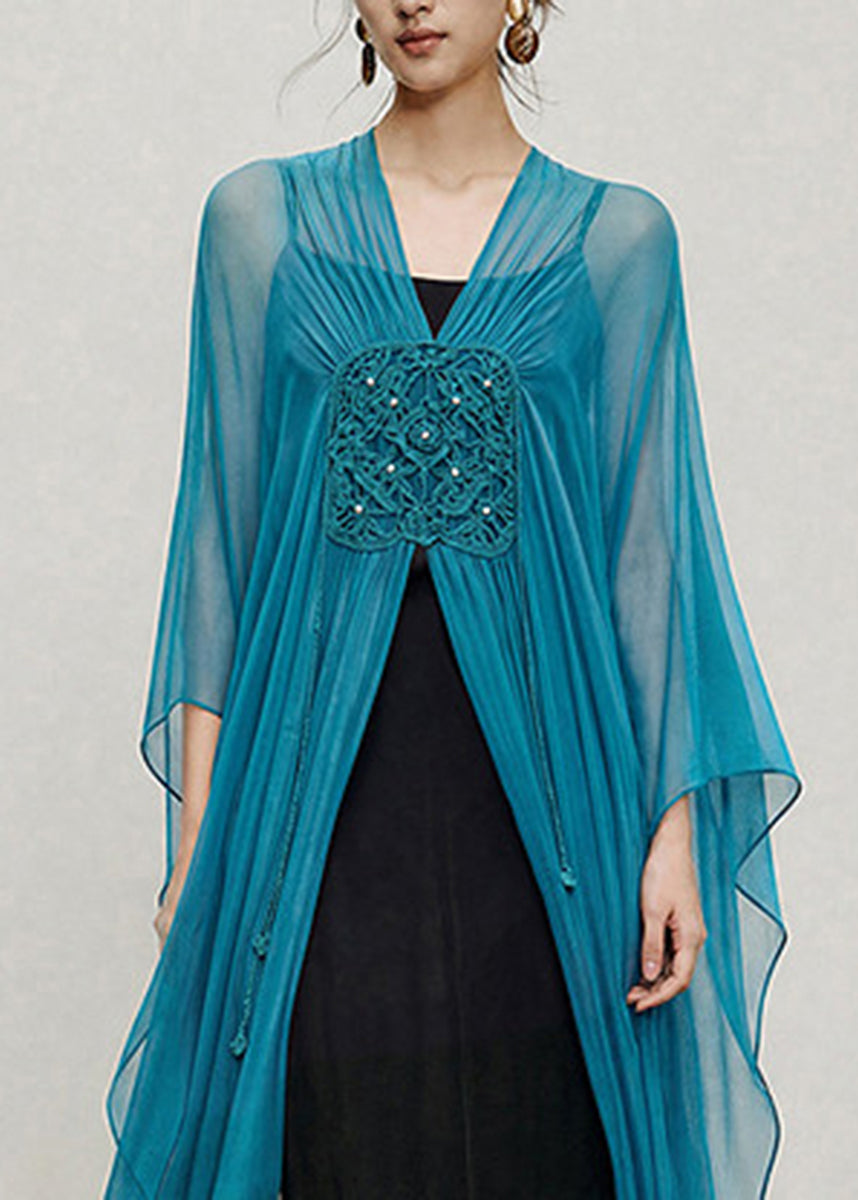 Women Peacock Blue Handmade Hook Flower Scarf Shawl Long Tops Summer