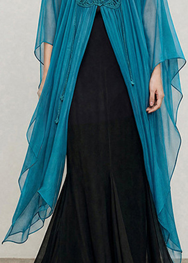 Women Peacock Blue Handmade Hook Flower Scarf Shawl Long Tops Summer