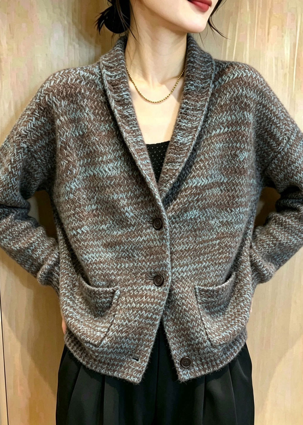 Women Peter Pan Collar Cotton Pockets Knit Cardigan Long Sleeve