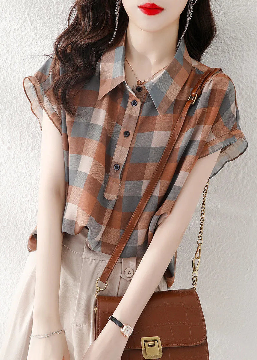 Women Peter Pan Collar Plaid Chiffon Shirts Short Sleeve