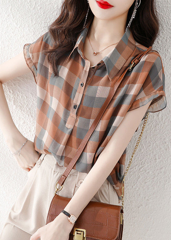 Women Peter Pan Collar Plaid Chiffon Shirts Short Sleeve