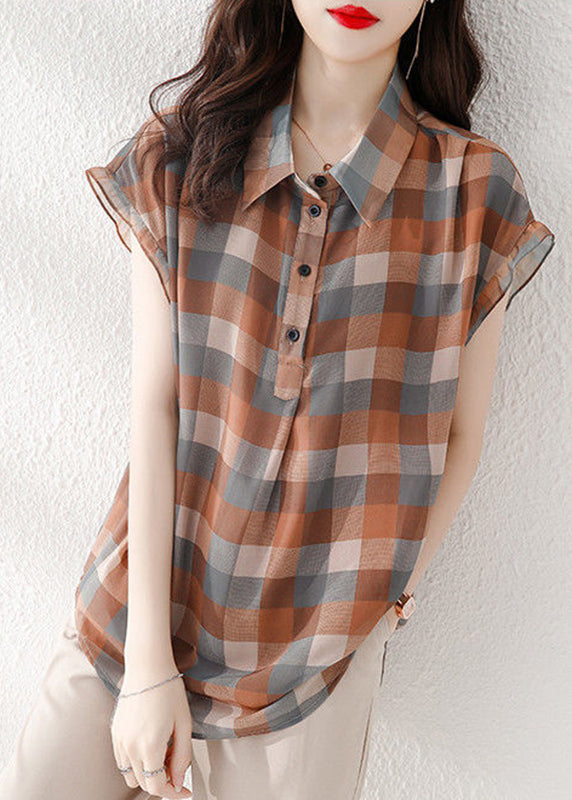 Women Peter Pan Collar Plaid Chiffon Shirts Short Sleeve