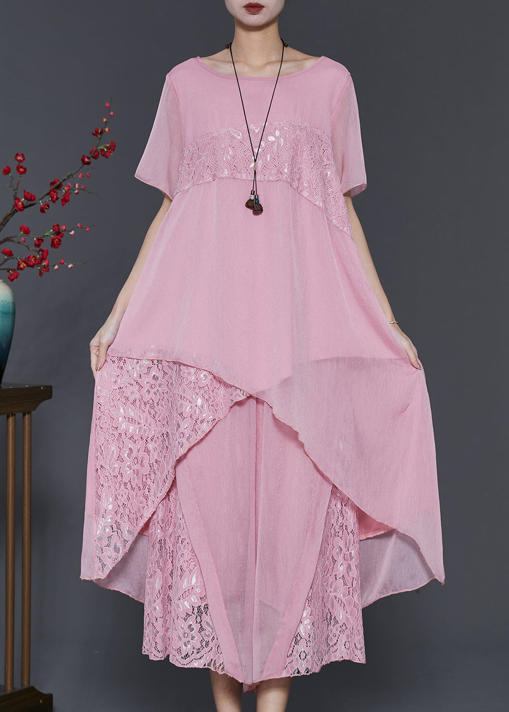 Women Pink Asymmetrical Patchwork Lace Chiffon Two Pieces Set Summer