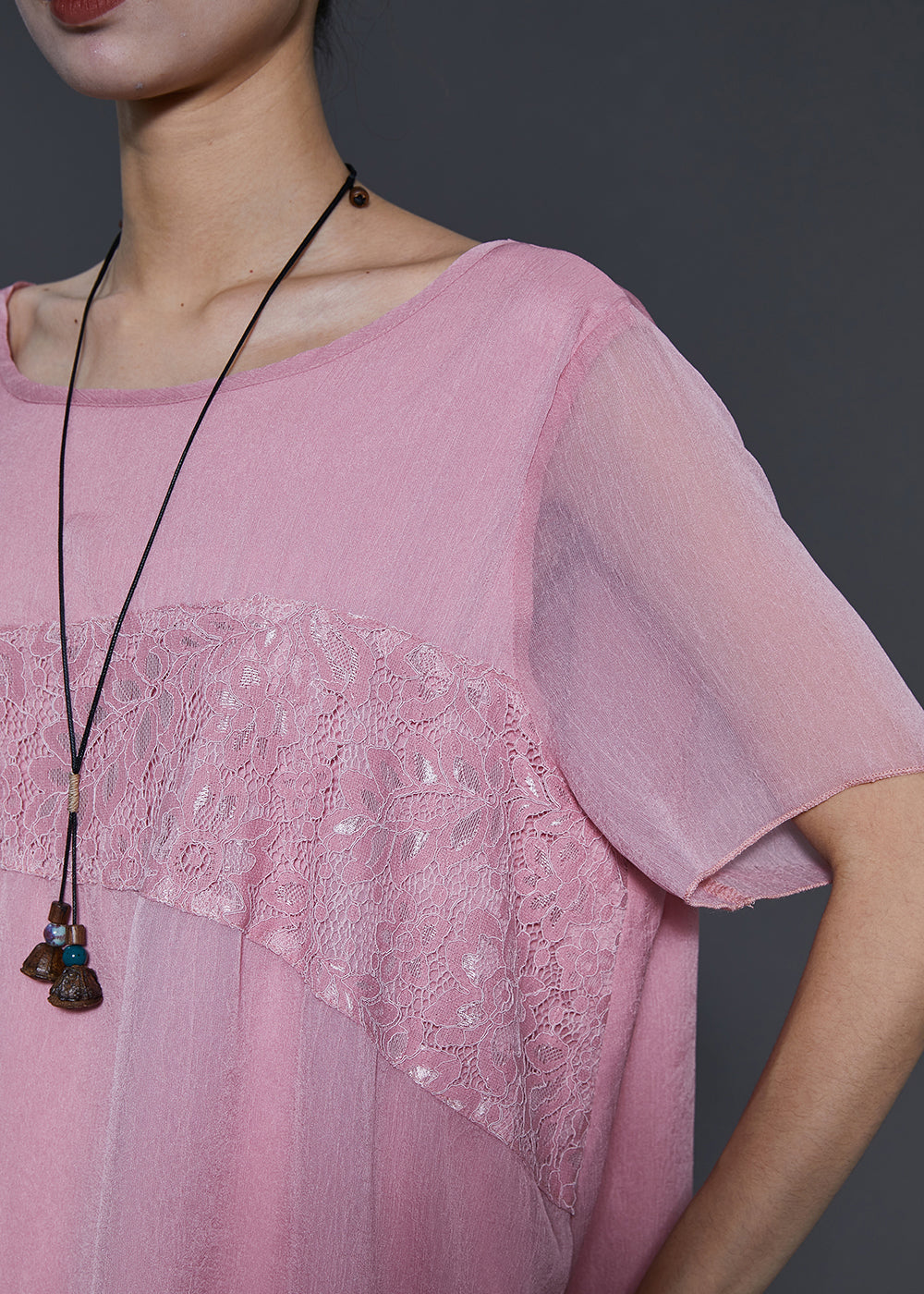 Women Pink Asymmetrical Patchwork Lace Chiffon Two Pieces Set Summer