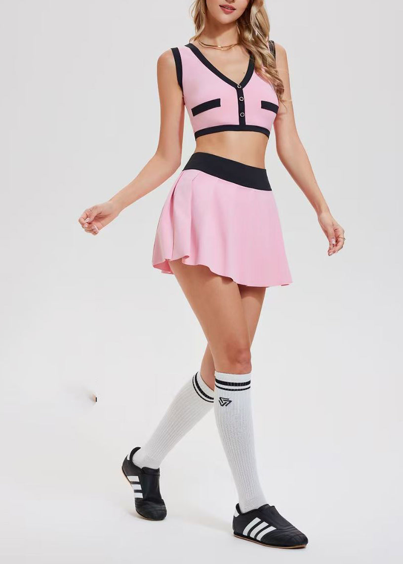 Women Pink Breathable Built-In Shorts Sleeveless Tennis Sportswear Two Piece Set