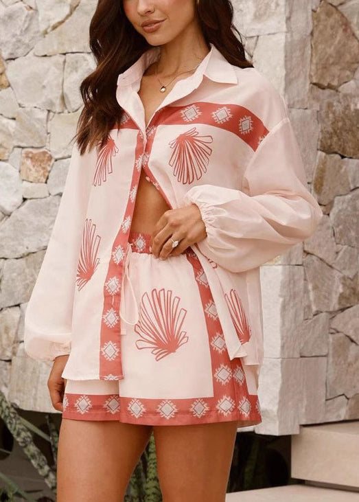 Women Pink Button Print Linen Shirt And Shorts Two Piece Set Spring
