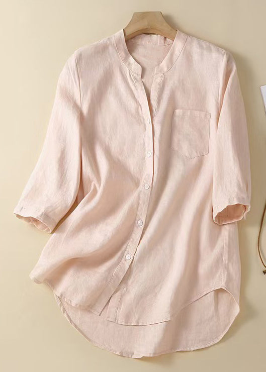 Women Pink Button Solid Cotton Shirt Half Sleeve