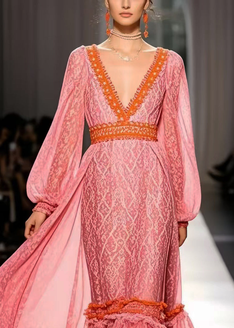 Women Pink Cinched Exra Large Hem Chiffon Party Dress Spring
