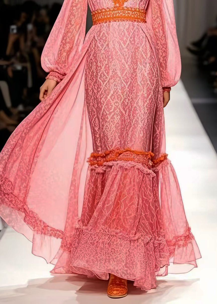 Women Pink Cinched Exra Large Hem Chiffon Party Dress Spring