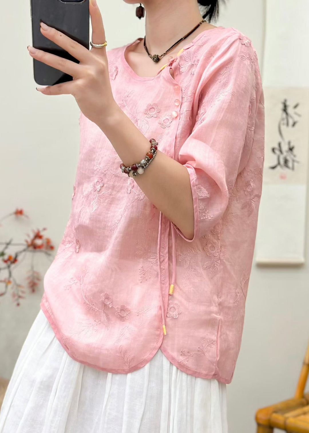 Women Pink Embroidered Chinese Button Linen Tops Half Sleeve