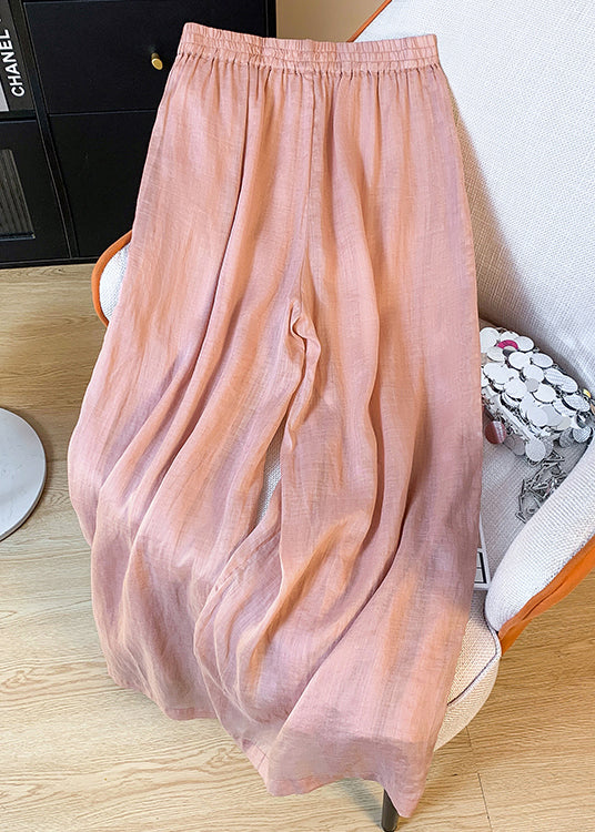Women Pink Embroidered Elastic Waist Linen Wide Leg Pants Summer