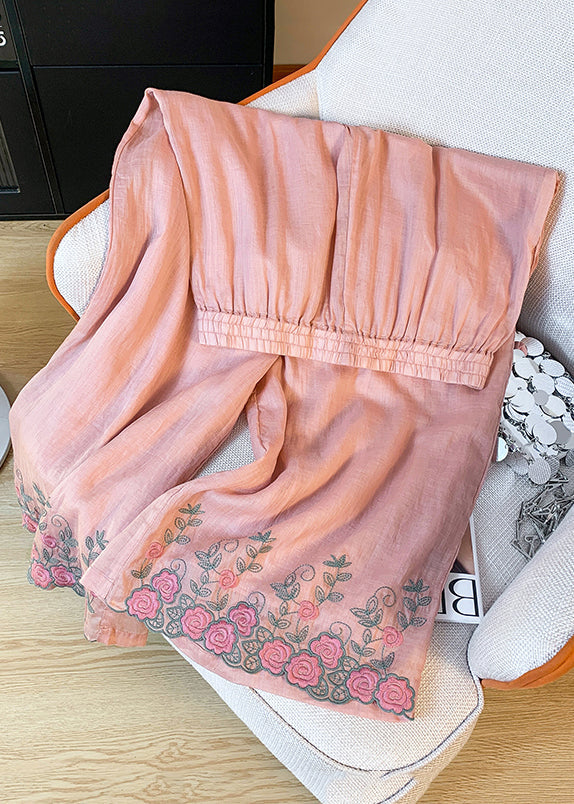 Women Pink Embroidered Elastic Waist Linen Wide Leg Pants Summer
